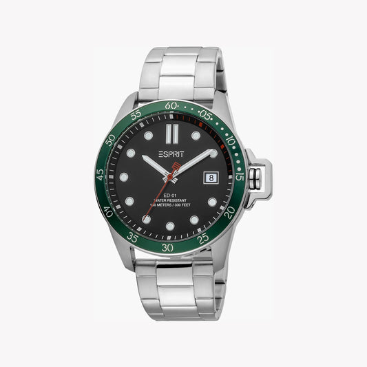 ESPRIT STAINLESS STEEL MEN'S WATCH - TIMELESS BLACK DIAL & SILVER BAND ELEGANCE