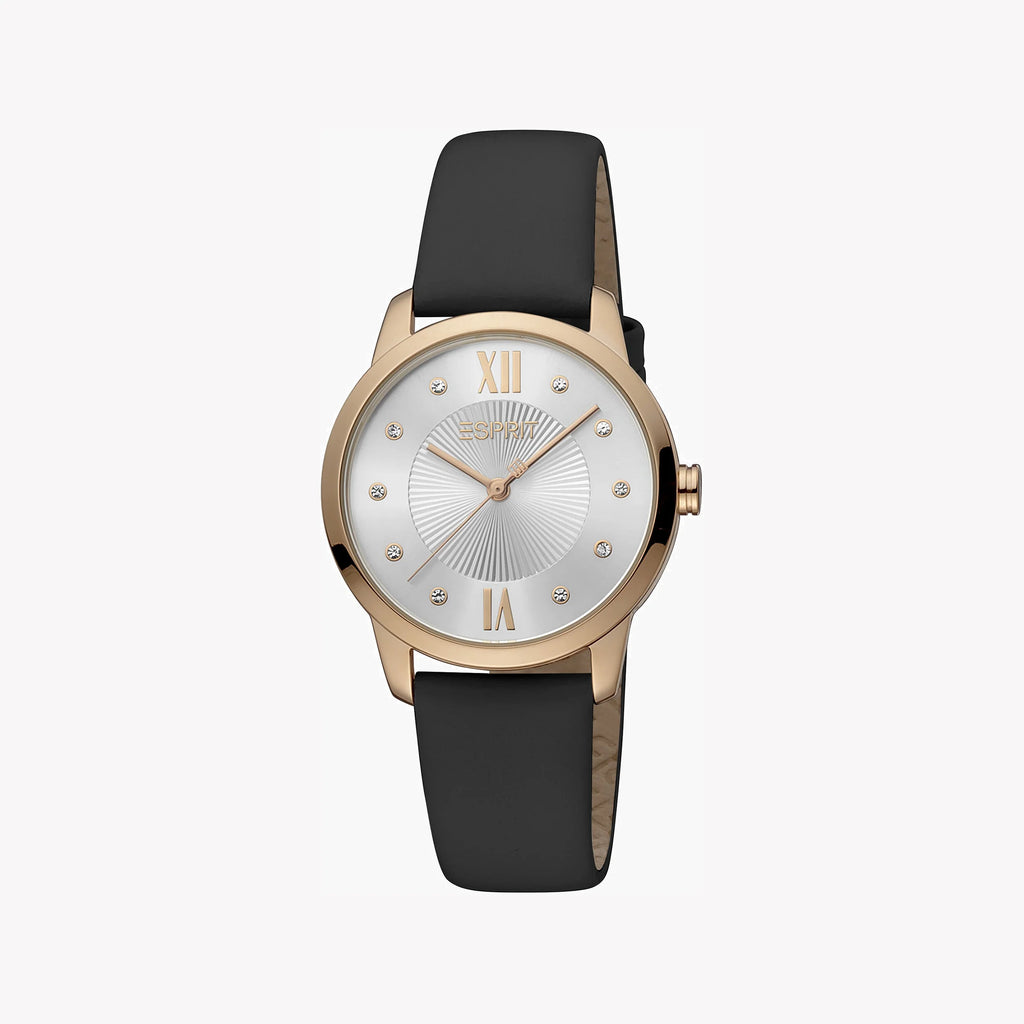 ESPRIT Women's Watch with Rose Gold Stainless Steel Case and Black Leather Band