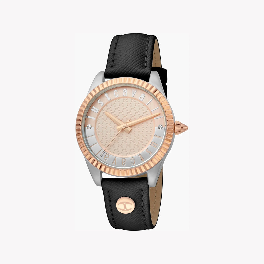 JUST CAVALLI Women's Watch with Silver Stainless Steel Case and Black Leather Band