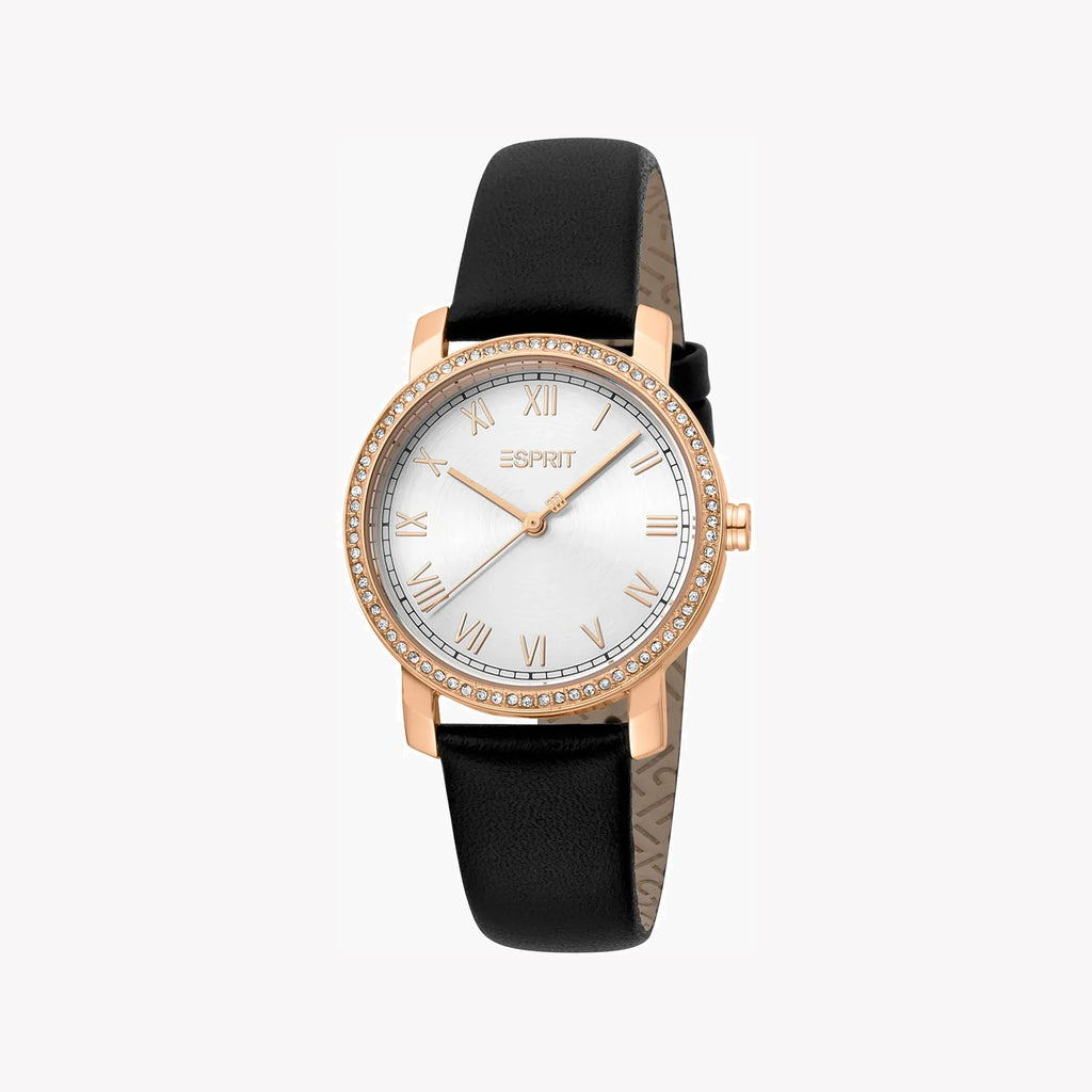 ESPRIT Women's Watch with Rose Gold Stainless Steel Case and Black Leather Band