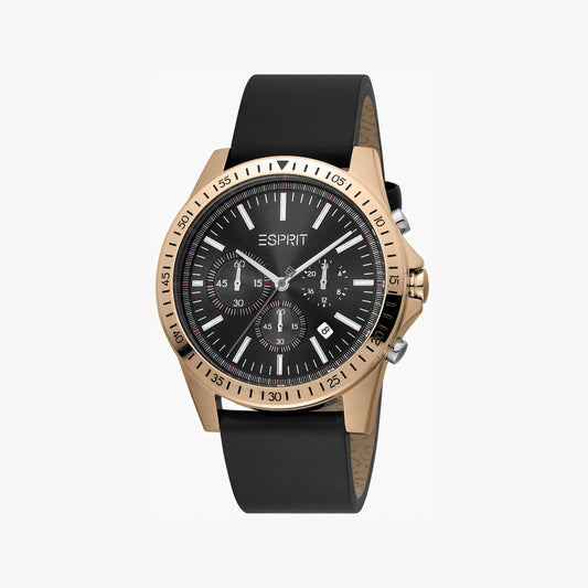 ESPRIT MEN'S TIMEPIECE - BLACK LEATHER & ROSE GOLD STAINLESS STEEL CLASSIC 44MM WATCH