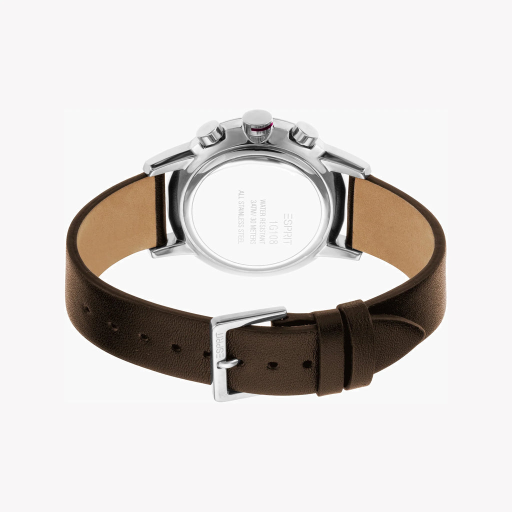 ESPRIT MEN'S BROWN LEATHER & BLACK DIAL WATCH - TIMELESS STAINLESS STEEL ELEGANCE