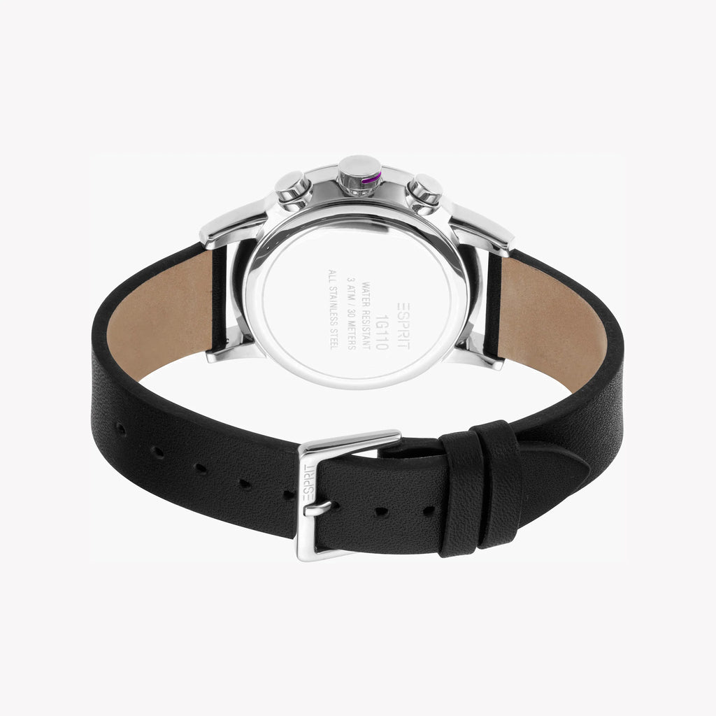 ESPRIT MEN'S TIMELESS ELEGANCE - BLACK LEATHER & SILVER DIAL STAINLESS STEEL WATCH