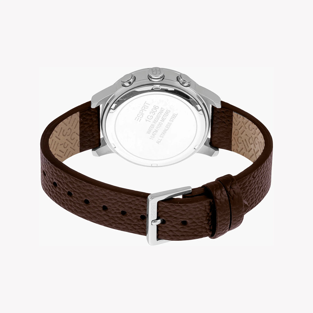 ESPRIT ELEGANCE - TIMELESS MEN'S WATCH with Brown Leather Band & Black Dial - Durable Stainless Steel 42mm