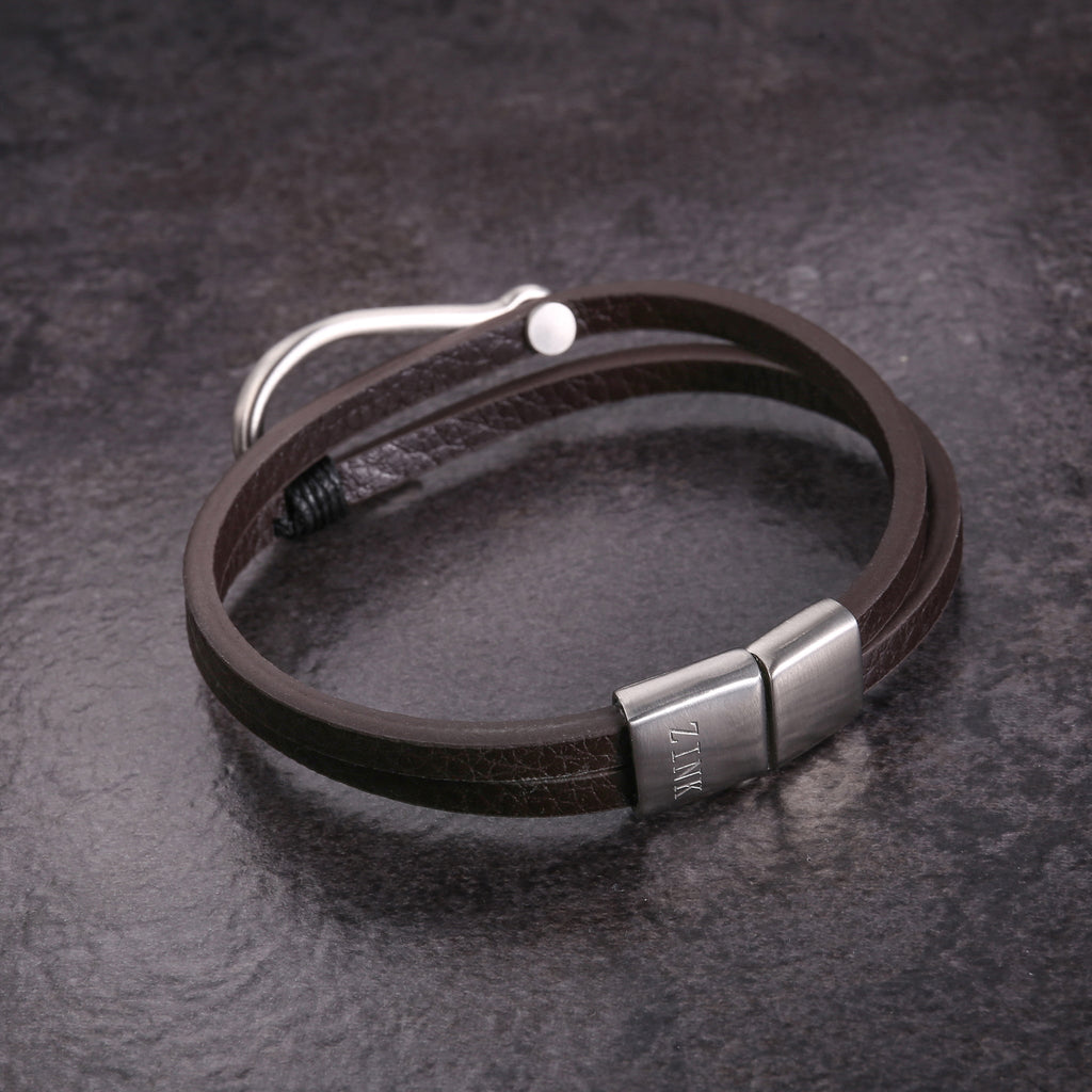 ZINK Men's Brown & Silver Stainless Steel & Leather Bracelet | ZJBC04010