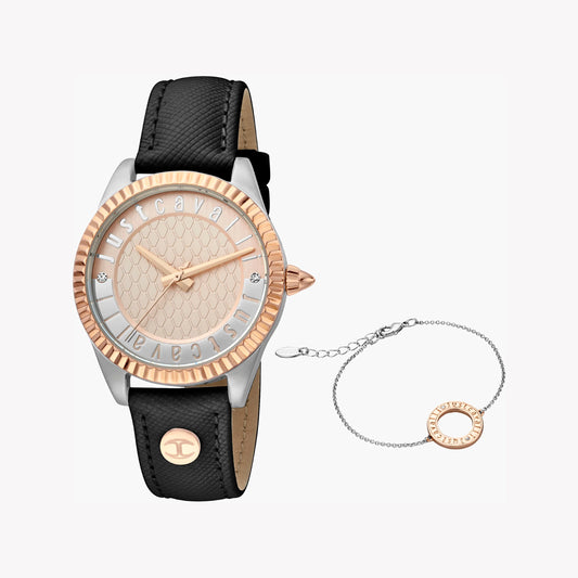 JUST CAVALLI Women's Watch with Silver Stainless Steel Case and Black Leather Band
