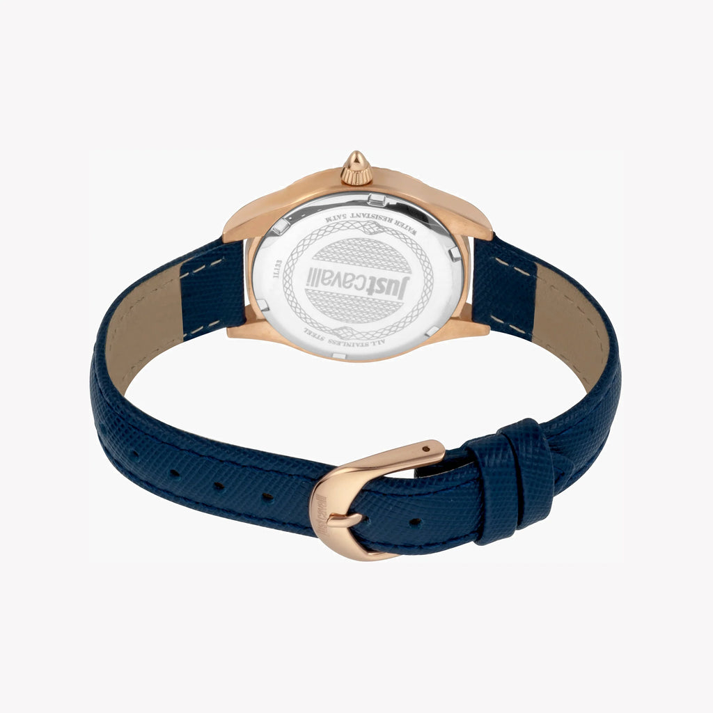 JUST CAVALLI Women's Watch with Rose Gold Stainless Steel Case and Blue Leather Band