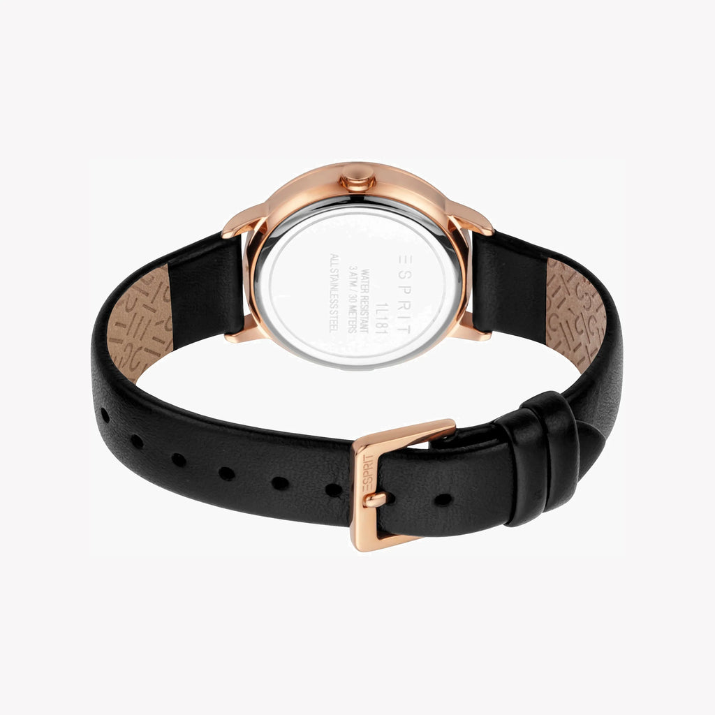 ESPRIT Women's Watch with Rose Gold Stainless Steel Case and Black Leather Band