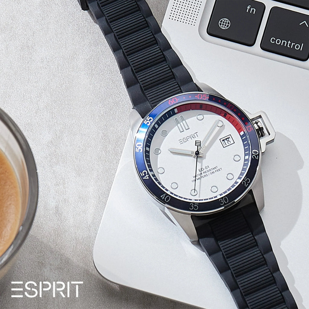 ESPRIT MEN'S TIMEPIECE - STYLISH BLACK RUBBER BAND & SILVER DIAL 43MM WATCH