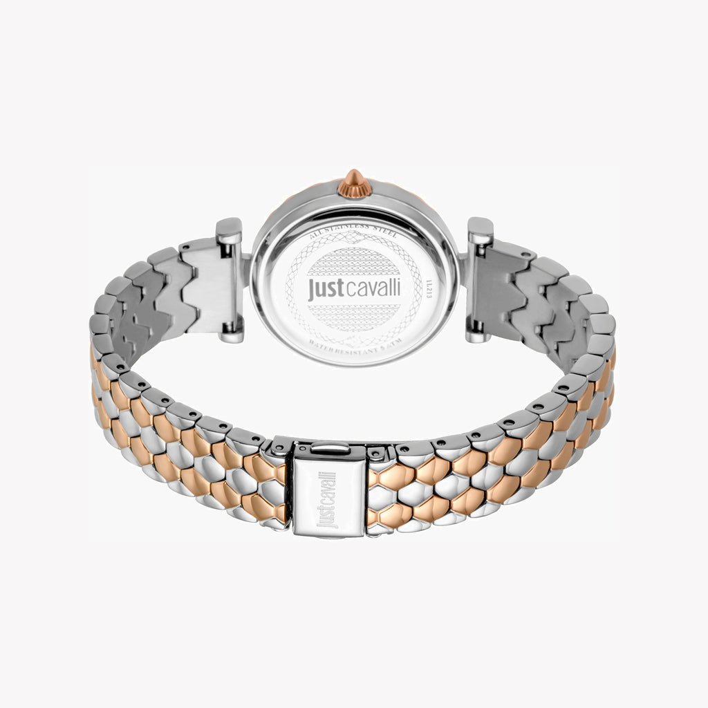 JUST CAVALLI Women's Watch with Silver & Rose Gold Stainless Steel Case and Silver & Rose Gold Stainless Steel Band
