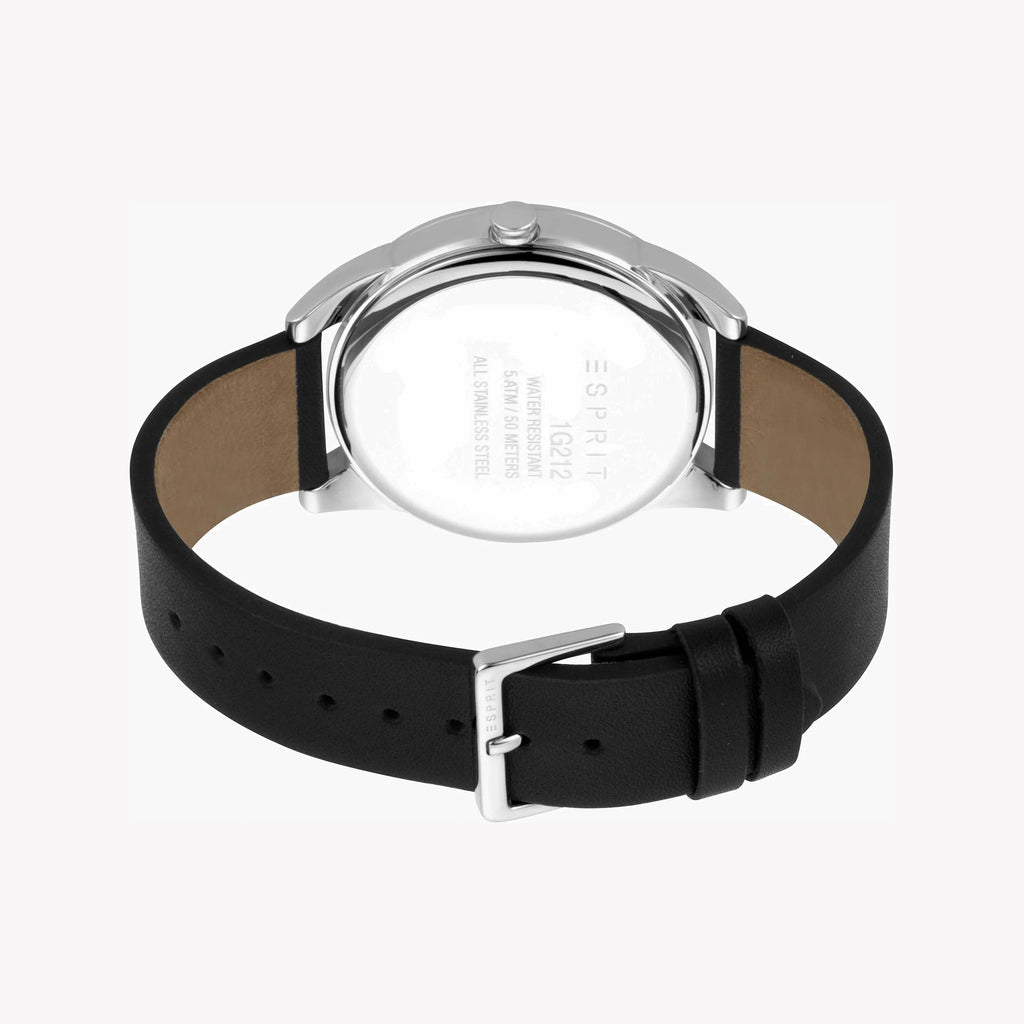 ESPRIT MENS BLACK LEATHER & DIAL STAINLESS STEEL TIMEPIECE - ELEGANT DURABILITY