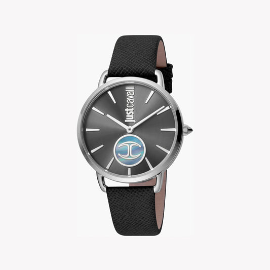 JUST CAVALLI Women's Watch with Silver Stainless Steel Case and Black Leather Band