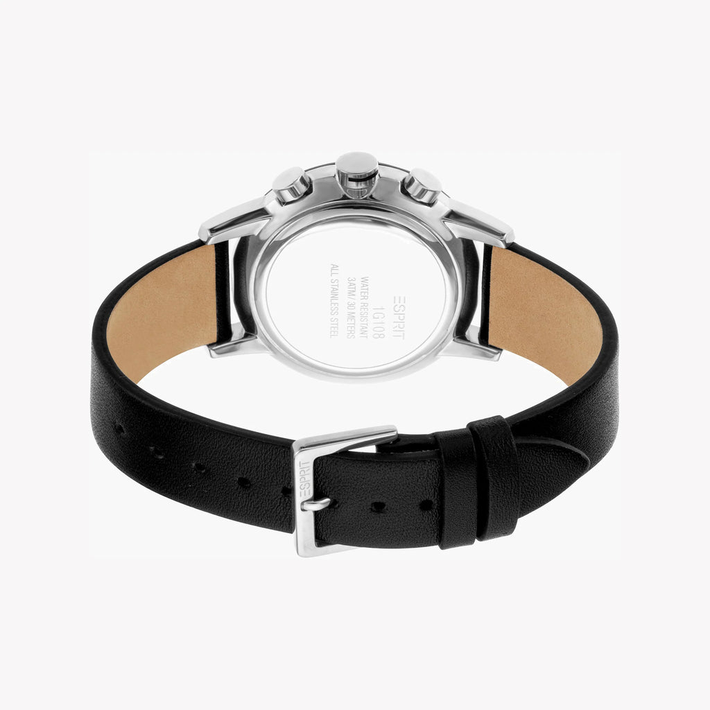 ESPRIT MENS WATCH - TIMELESS STYLE WITH BLACK LEATHER BAND & SILVER DIAL