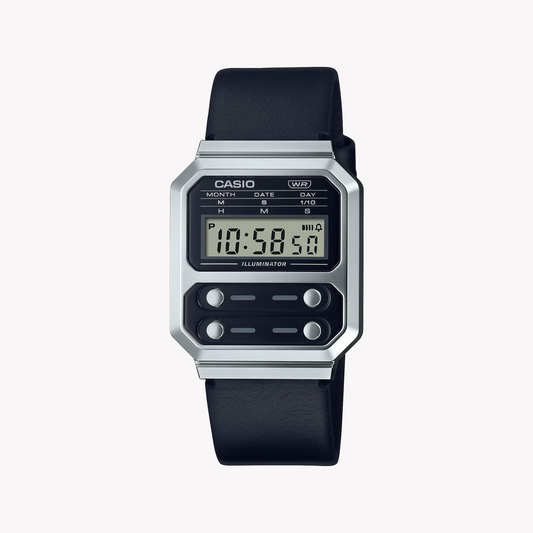 CASIO A100WEL-1ADF ADVENTURE TIMEPIECE - ELEGANTALLY RUGGED UNISEX WATCH WITH STUNNING SILVER FINISH AND BLACK LEATHER BAND