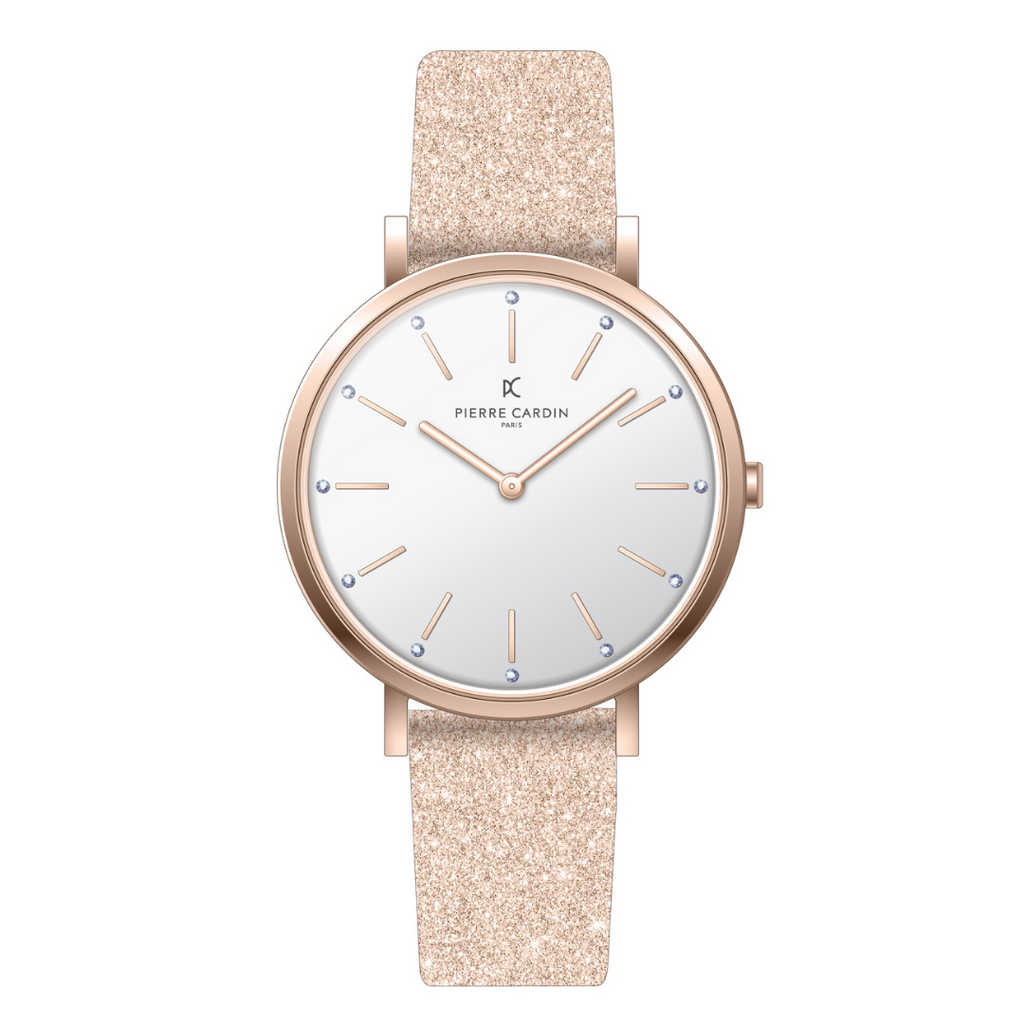 PIERRE CARDIN Women's Watch with Rose Gold Metal Case and Champagne Leather Band