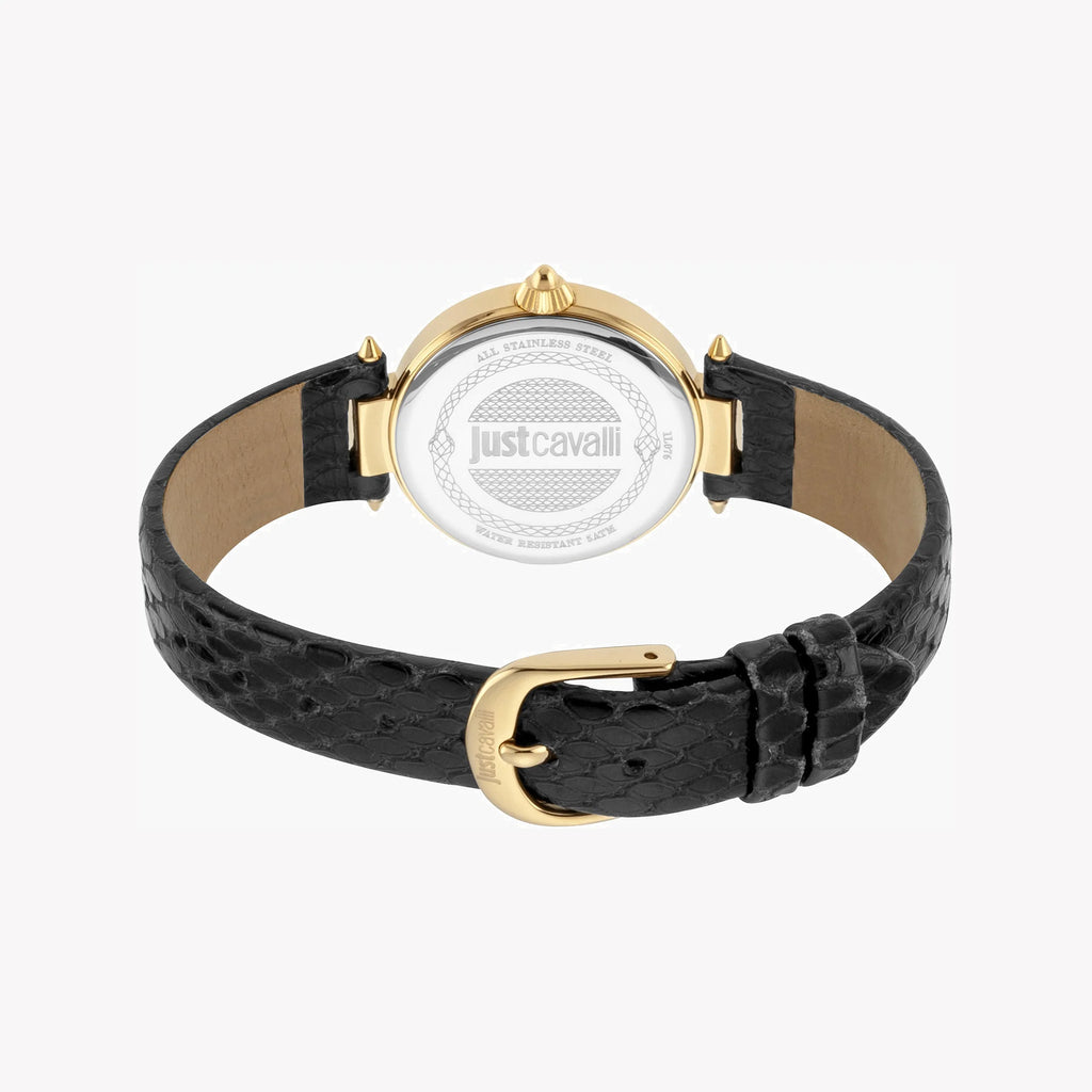 JUST CAVALLI Women's Watch with Gold Stainless Steel Case and Black Leather Band