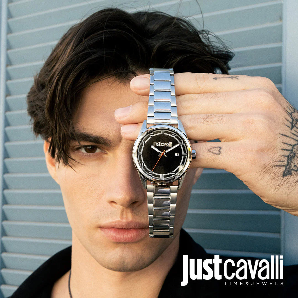 JUST CAVALLI JC1G082M0545 MEN'S ELEGANCE - TIMELESS SILVER & BLACK STAINLESS STEEL WATCH