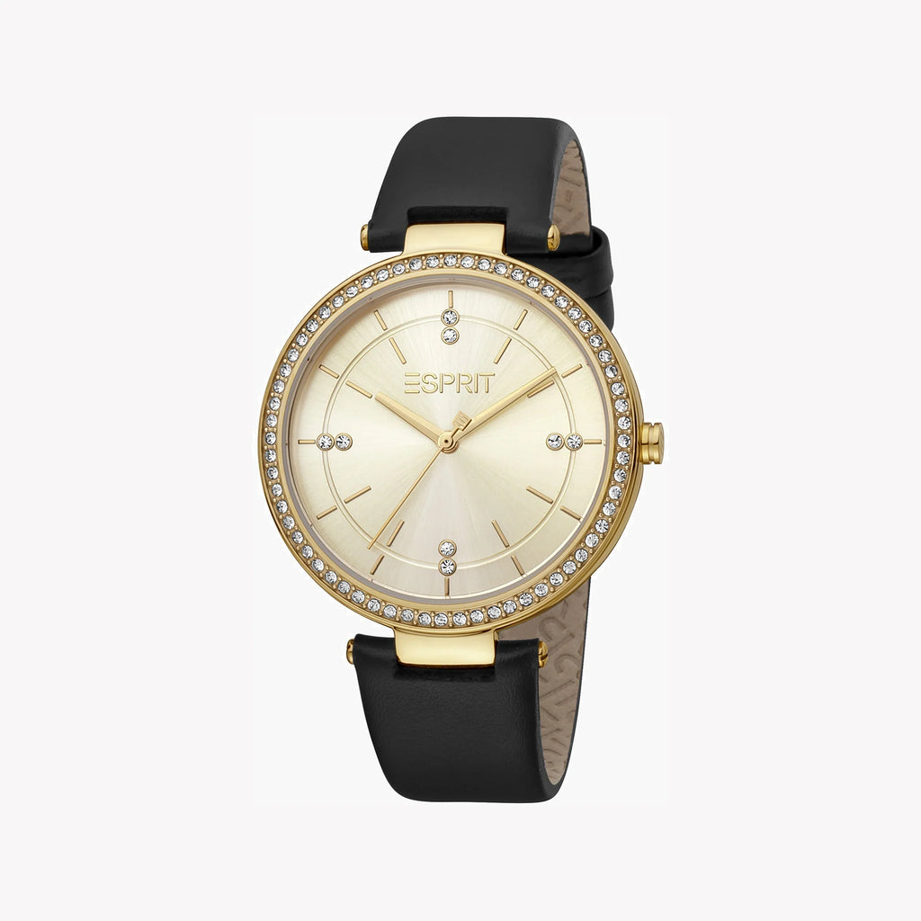 ESPRIT Women's Watch with Gold Stainless Steel Case and Black Leather Band