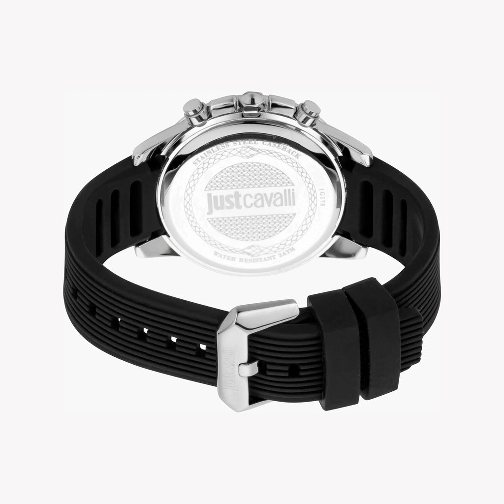 JUST CAVALLI JC1G175P0015 - ELEGANT SILVER DIAL MEN'S WATCH WITH BLACK SILICONE BAND