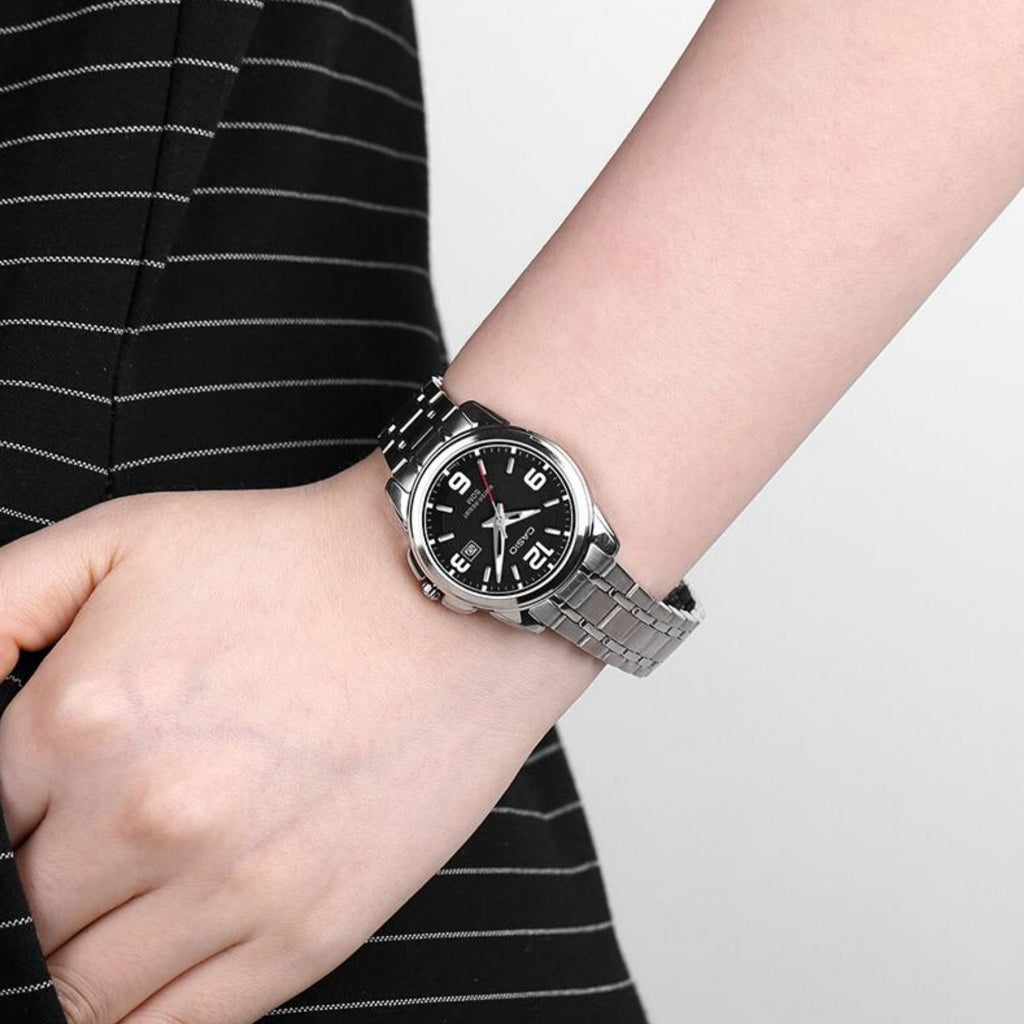 CASIO LTP-1314D-1AVDF - ELEGANT ADVENTURE UNISEX WATCH with silver stainless steel band and bold black dial