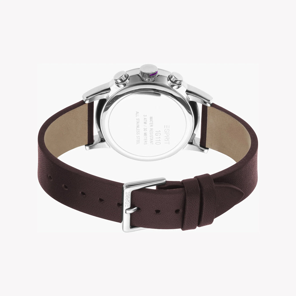 ESPRIT MEN'S ELEGANCE - STUNNING BROWN LEATHER & BLACK DIAL STAINLESS STEEL WATCH