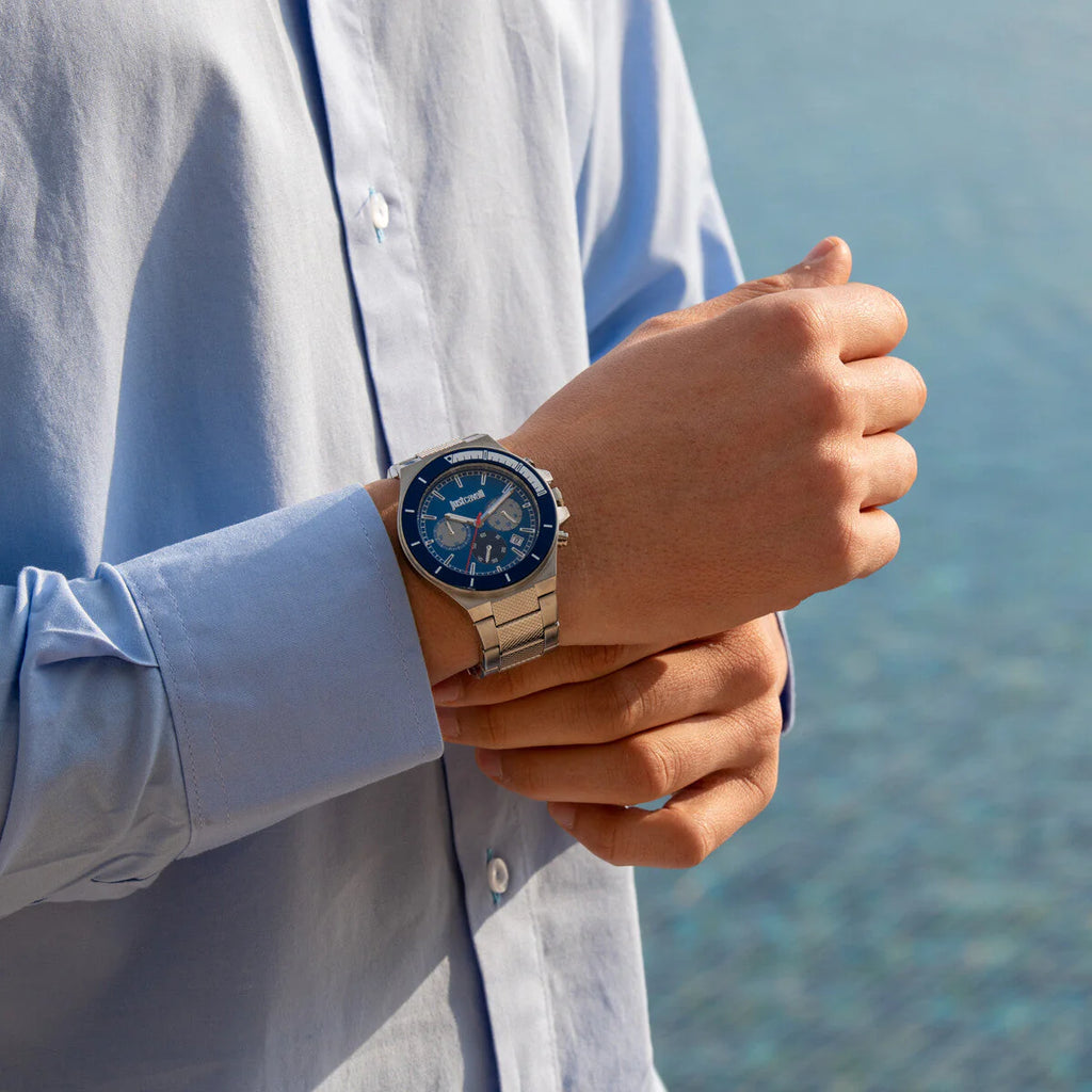 JUST CAVALLI JC1G139M0065 - ELEGANT BLUE DIAL MEN'S WATCH WITH SILVER STAINLESS STEEL BAND
