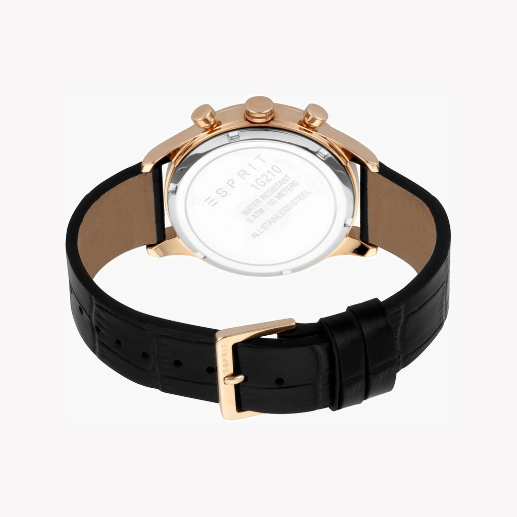 ESPRIT MEN'S TIMEPIECE - ELEGANT BLACK LEATHER & ROSE GOLD ROUND WATCH