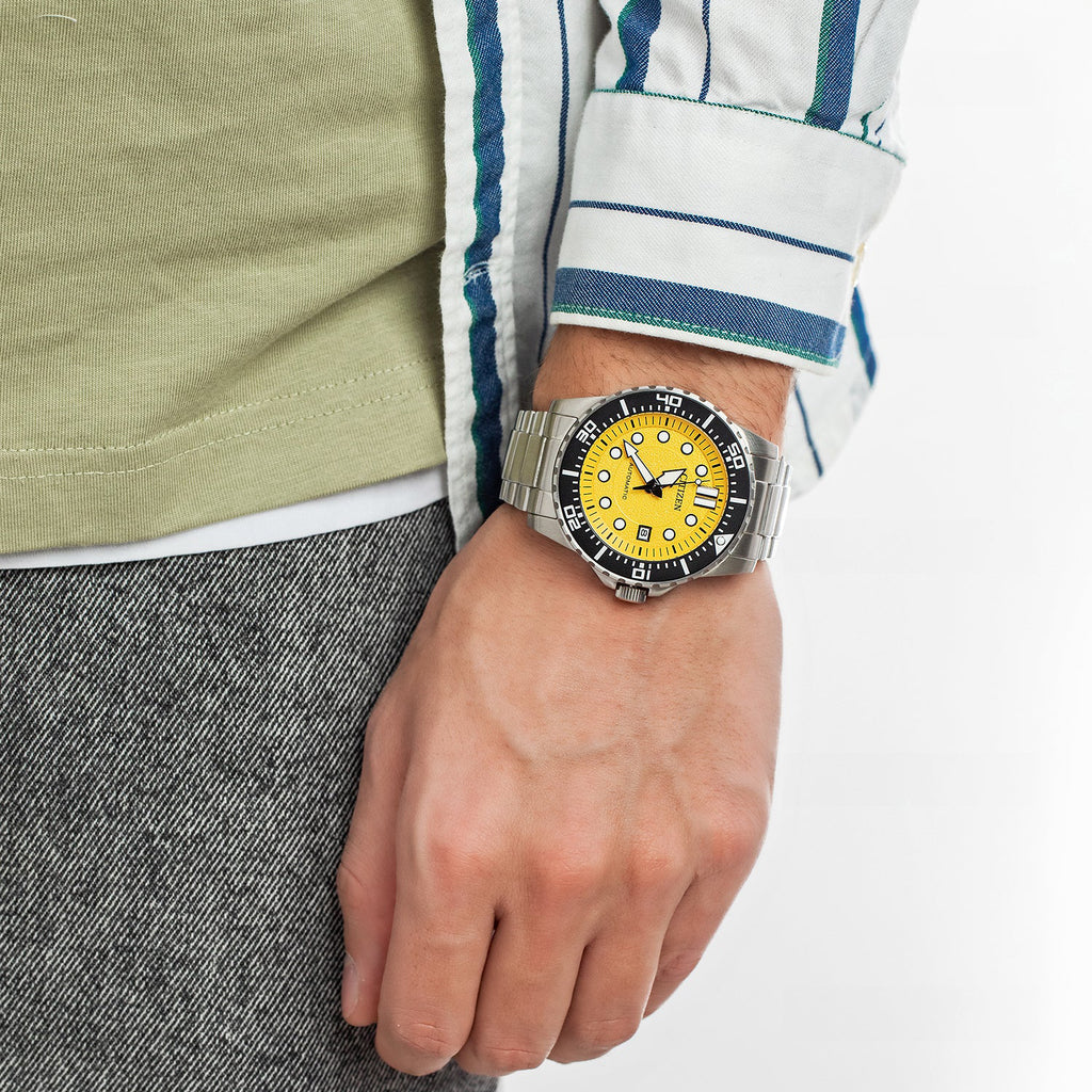 CITIZEN NJ0170-83Z - ELEGANT AUTOMATIC TIMEPIECE WITH STRIKING YELLOW DIAL & SILVER STAINLESS STEEL BAND