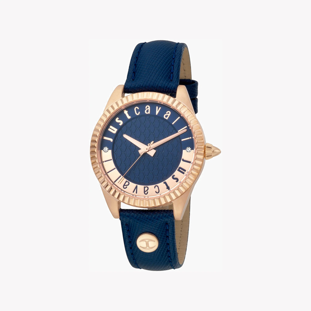 JUST CAVALLI Women's Watch with Rose Gold Stainless Steel Case and Blue Leather Band