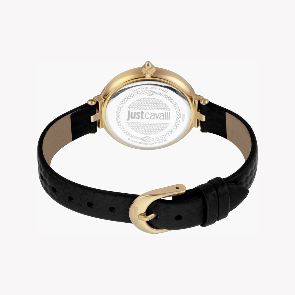 JUST CAVALLI Women's Watch with Gold Stainless Steel Case and Black Leather Band