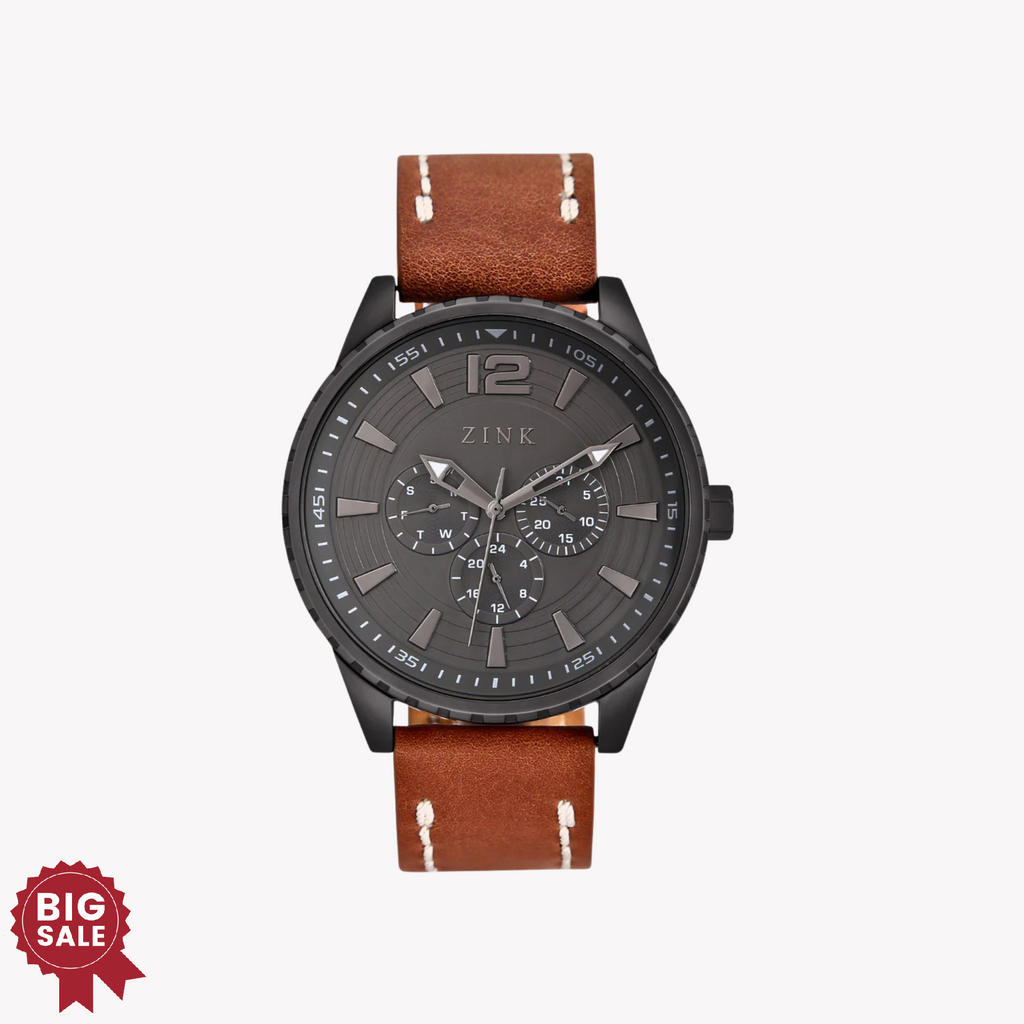 ZINK Men's Black Stainless Steel & Brown Leather Watch | ZK131G2LS-92