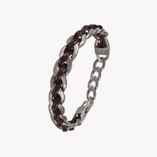 ZINK Men's Silver & Brown Stainless Steel & Leather Bracelet | ZJBC008SLBW