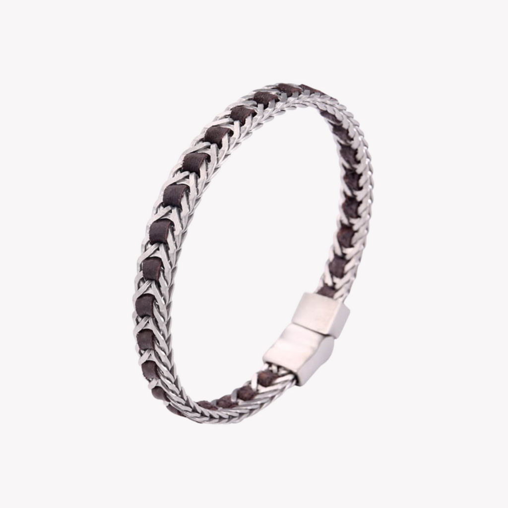 ZINK Men's Silver & Brown Bracelet | Stainless Steel & Leather | ZJBC03710