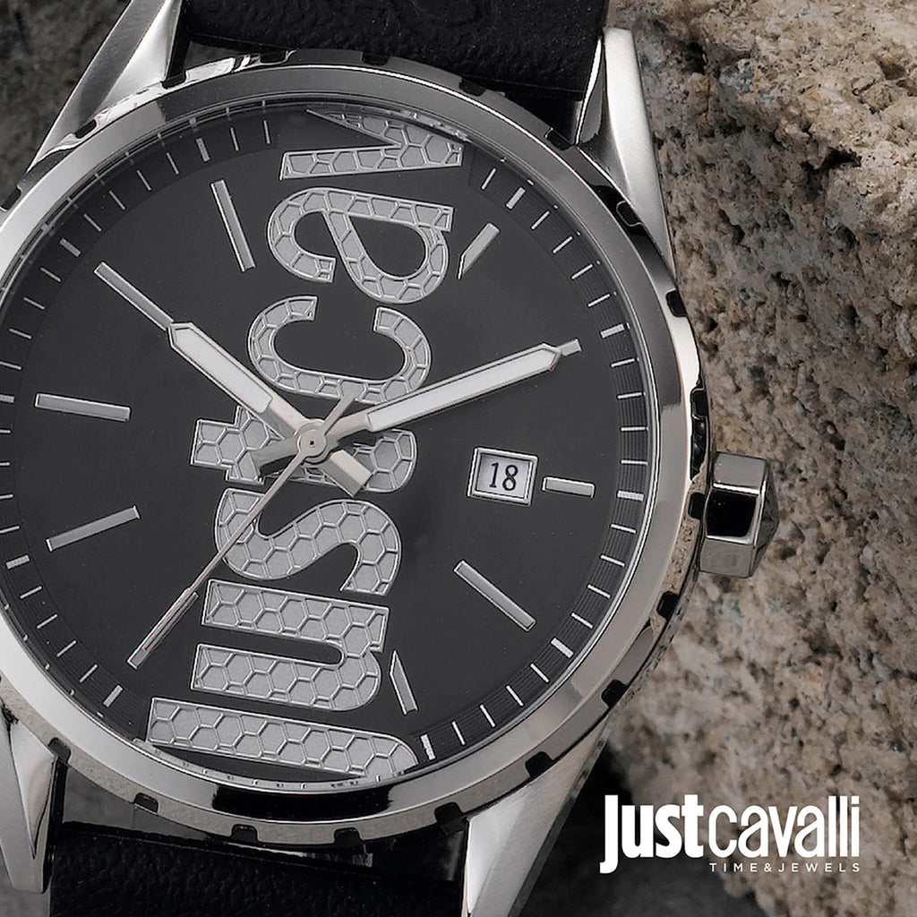 JUST CAVALLI JC1G082P0025 MEN'S WATCH - ELEGANT SILVER & BLACK SILICONE TIMEPIECE