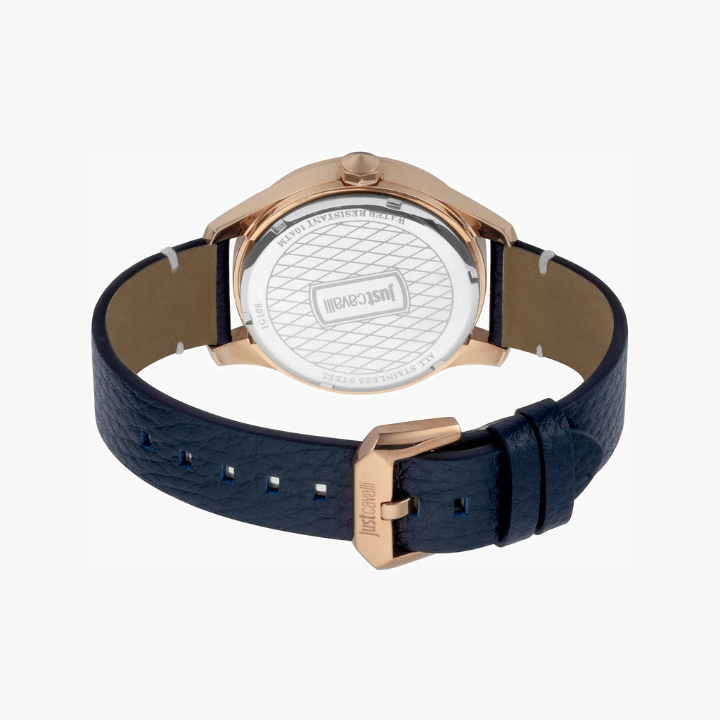 JUST CAVALLI JC1G108L0025 ELEGANT BLUE LEATHER MEN'S TIMEPIECE - ROSE GOLD SOPHISTICATION