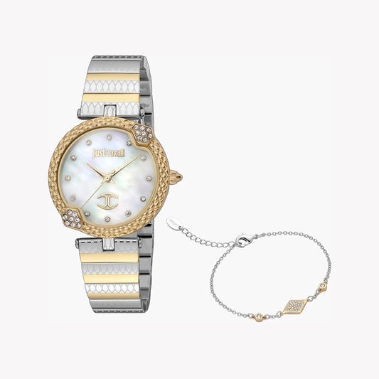 JUST CAVALLI Women's Watch with Gold Stainless Steel Case and Silver & Gold Stainless Steel Band