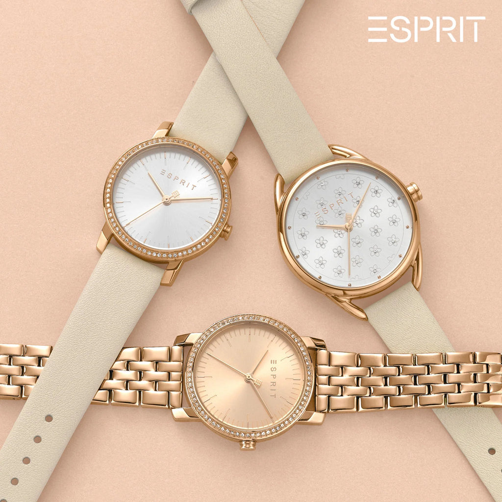 ESPRIT Women's Watch with Rose Gold Stainless Steel Case and Beige Leather Band