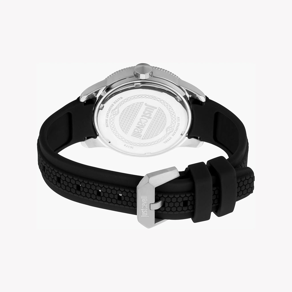 JUST CAVALLI JC1G179P0025 MEN'S ELEGANT BLACK DIAL SILICONE WATCH - TIMELESS SOPHISTICATION