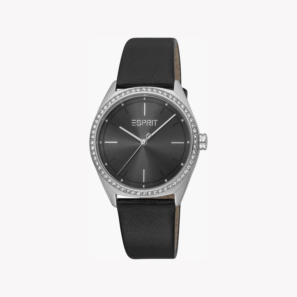 ESPRIT Women's Watch with Silver Stainless Steel Case and Black Leather Band