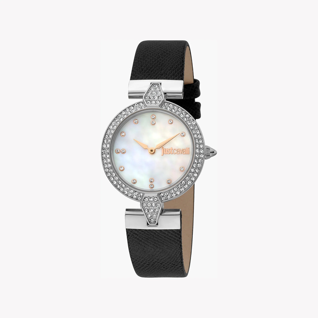 JUST CAVALLI Women's Watch with Silver Stainless Steel Case and Black Leather Band
