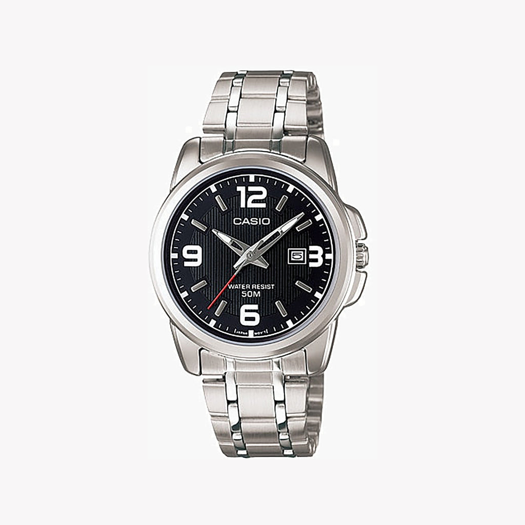CASIO LTP-1314D-1AVDF - ELEGANT ADVENTURE UNISEX WATCH with silver stainless steel band and bold black dial