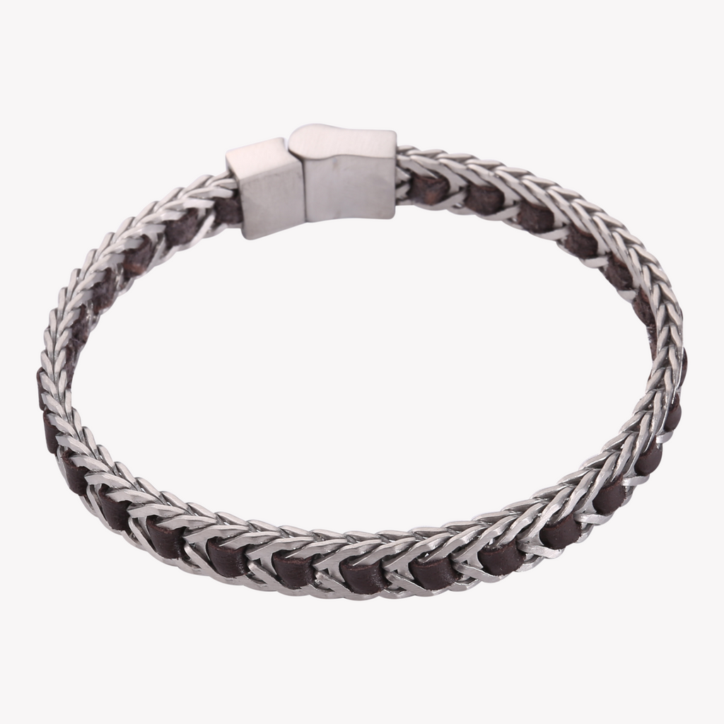 ZINK Men's Silver & Brown Bracelet | Stainless Steel & Leather | ZJBC03710