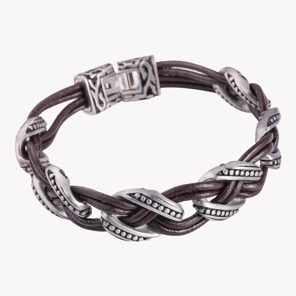 ZINK Men's Brown & Silver Stainless Steel & Leather Bracelet | ZJBC03810