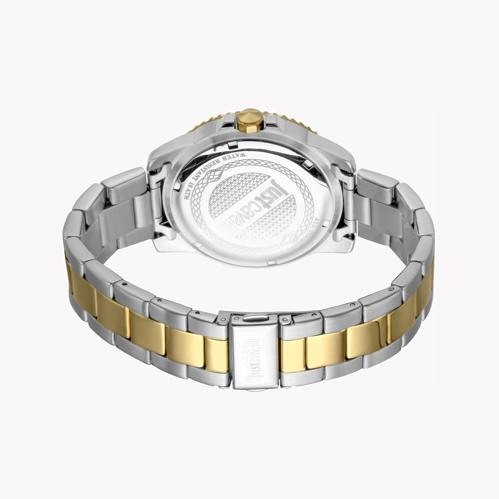 JUST CAVALLI TWO TONE STAINLESS STEEL MEN'S WATCH - ELEGANT BLACK DIAL WITH GOLD ACCENTS