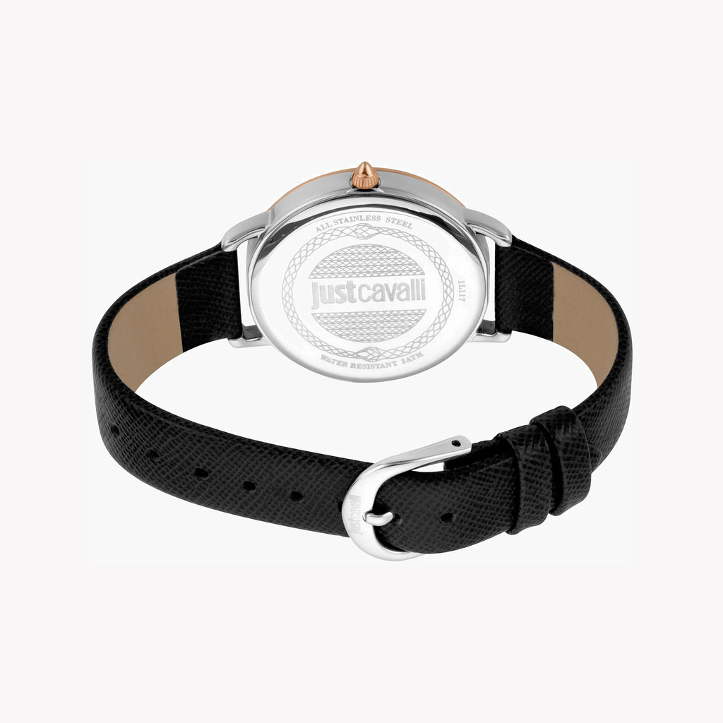 JUST CAVALLI Women's Watch with Silver Stainless Steel Case and Black Leather Band