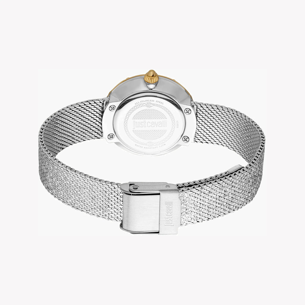 JUST CAVALLI Women's Watch with Silver & Gold Stainless Steel Case and Silver Stainless Steel Band