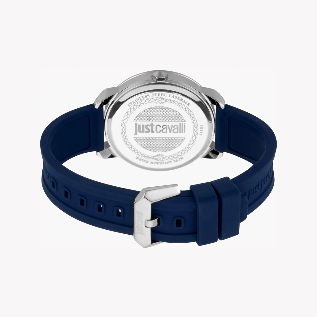 JUST CAVALLI JC1G141P0025 ELEGANT BLUE SILICONE MEN'S WATCH - TIMELESS SILVER DIAL