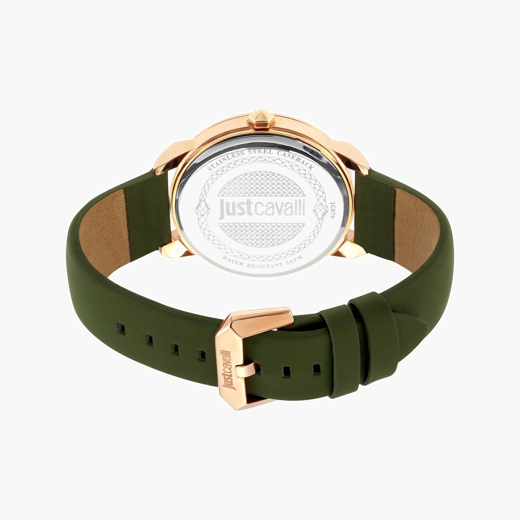 JUST CAVALLI JC1G079L0025 - ELEGANT GREEN DIAL MENS WATCH WITH ROSE GOLD CASE & LEATHER BAND