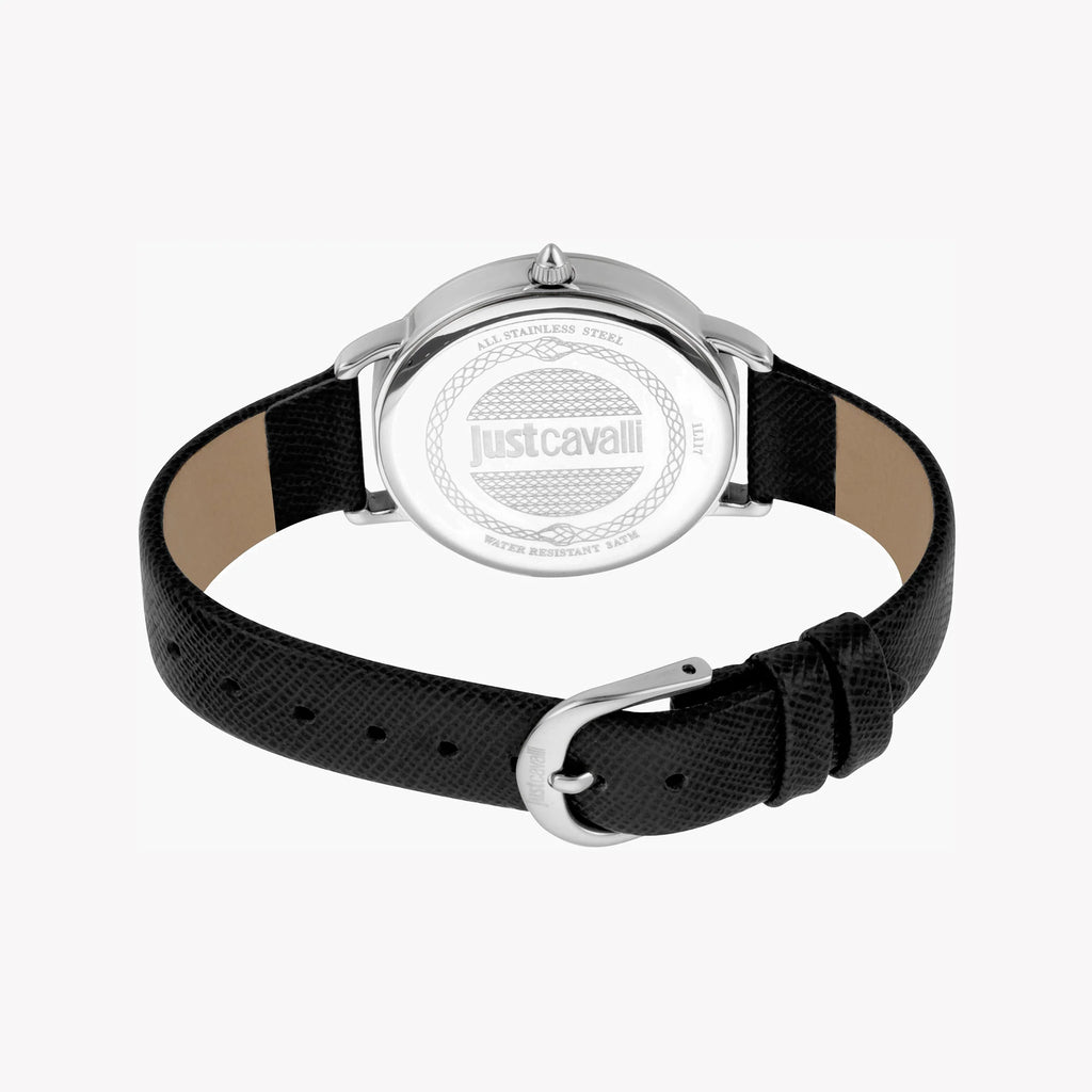 JUST CAVALLI Women's Watch with Silver Stainless Steel Case and Black Leather Band