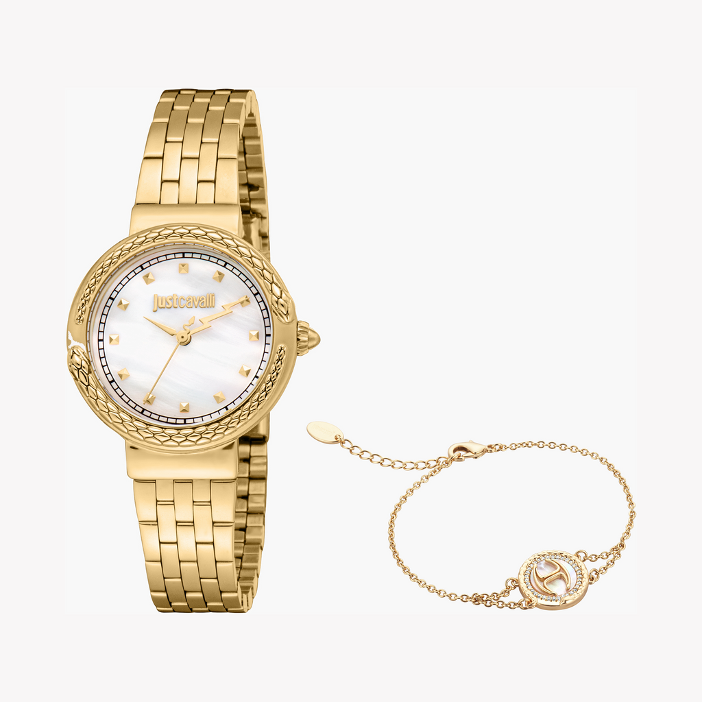 JUST CAVALLI JC1L311M0025 - RADIANT ELEGANCE WOMEN'S WATCH WITH GOLD & WHITE MOTHER-OF-PEARL DIAL